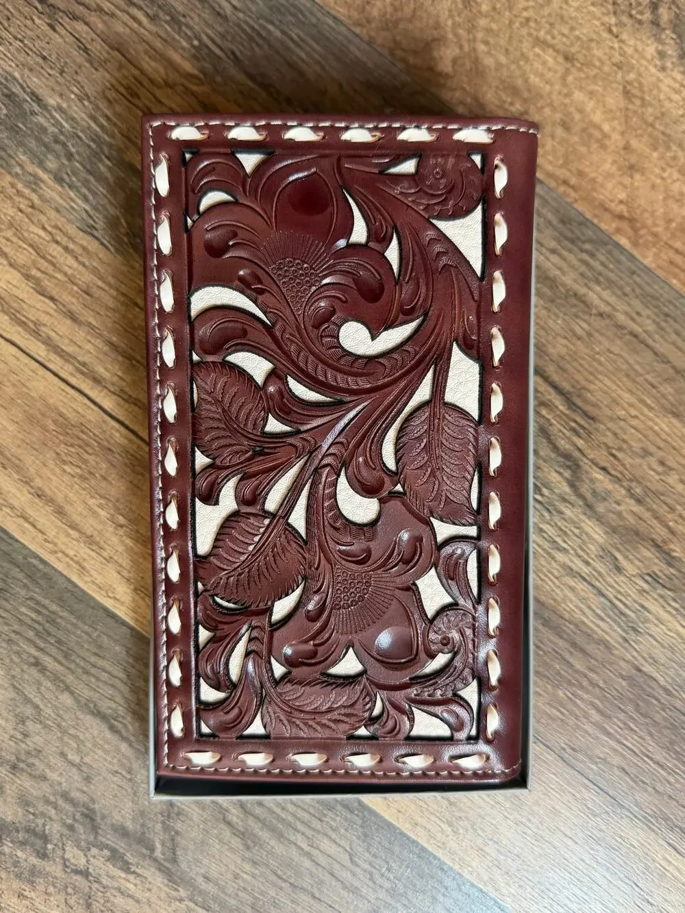 Nocona Leather Rodeo Wallet Tooled Floral Western Checkbook Cover NWT